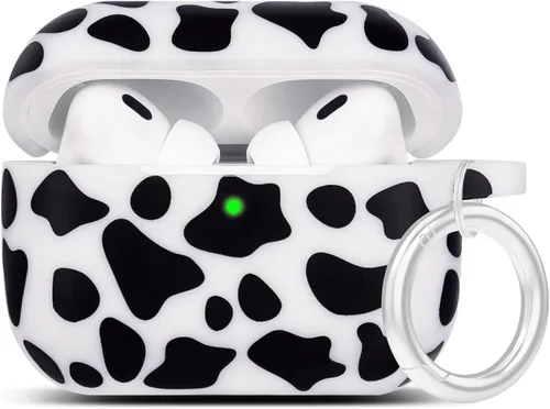 Vista 6 de LitoDream - Funda de silicona suave y flexible con llavero para Apple AirPods 2 y 1, para niñas (vaca; blanco con cactus)