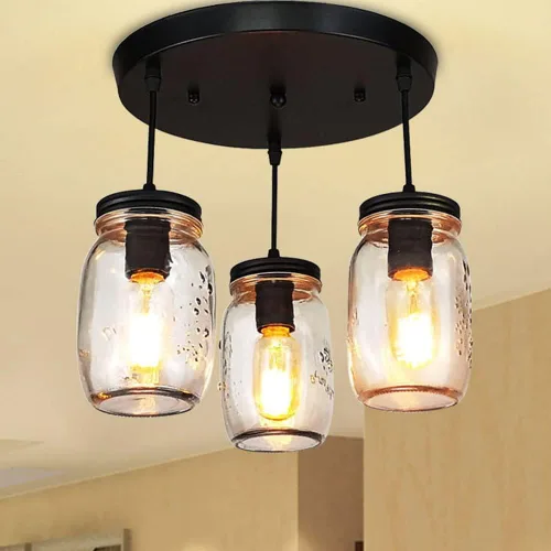 Vista 8 de Lámpara colgante ajustable para isla de cocina, 1 luz colgante de cristal Mason Jar (2 unidades)