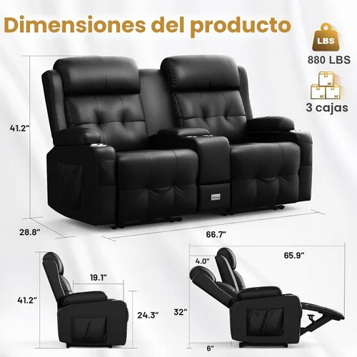 Vista 2 de Sofá reclinable de dos plazas, asientos de cine en casa, sofá reclinable con USB, consola central, sillón reclinable de pared para caravana