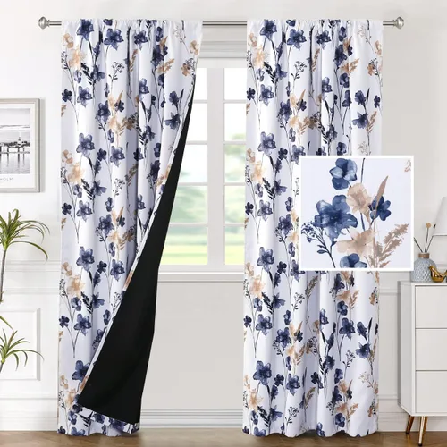 Vista 18 de H.VERSAILTEX cenefas de cortina 100% opacas para ventanas de cocina, juego de 2 paneles, estampado floral Cattleya Leah, cenefas térmicas aisladas
