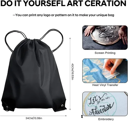 Vista 3 de CHEPULA Bolsas con cordón a granel, mochila con cordón grande, saco trasero con cordón, Negro-20 unidades., Mochila con cordón de nylon Draw String