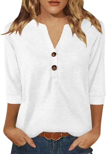 Vista 20 de Dimur Camisetas de manga 3/4 con cuello en V y botones para mujer, traje casual de negocios, camiseta básica de verano 2025