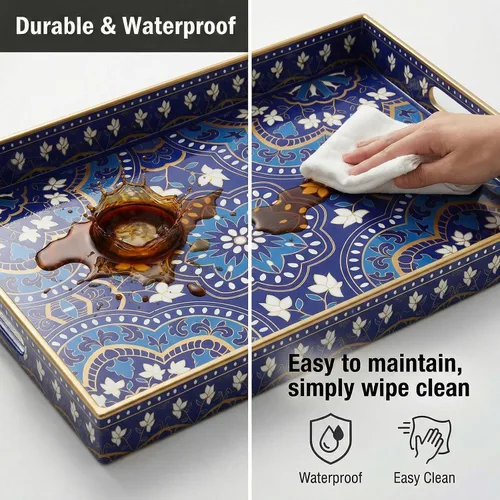 Vista 6 de Bandeja decorativa para servir con asas, 15.7 x 11.8 pulgadas, bandeja rectangular de plástico con patrón de mandala azul, bandeja de mesa auxiliar