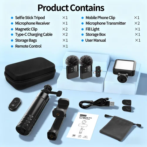 Vista 7 de yAyusi Kit de vlogging para iPhone/Android, trípode para selfie stick de 30.71 pulgadas con luz, micrófono y cajas de almacenamiento, kit básico