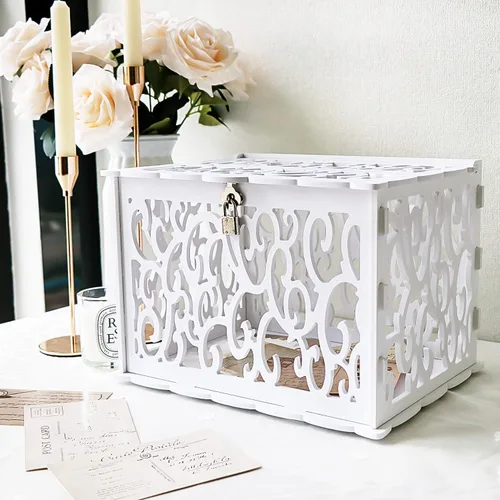 Vista 8 de Caja de tarjetas de boda marrón OurWarm para recepción con ventana acrílica en forma de corazón, caja de regalo de madera para boda