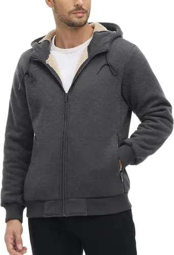 Vista 2 de CRYSULLY Chaqueta con forro de sherpa para hombre, con cremallera completa, sudadera con capucha para invierno