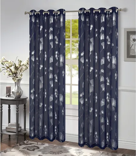 Vista 3 de Felicity - Panel de ventana con ojales transparentes con estampado de hojas de ginkgo, color negro y plateado, 54 x 84 pulgadas