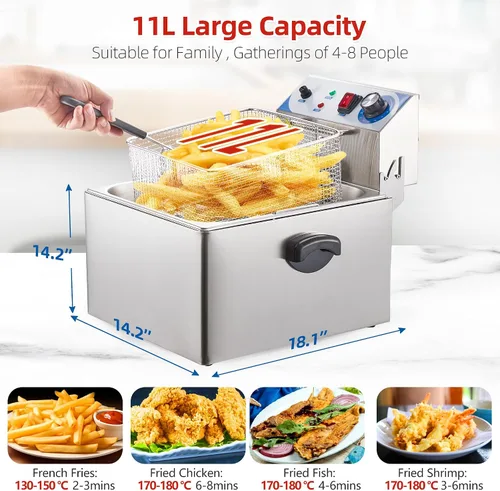 Vista 3 de PULLAFUN Freidora comercial de acero inoxidable 11L Freidora eléctrica con control de temperatura, tanque grande individual y grande, papas fritas