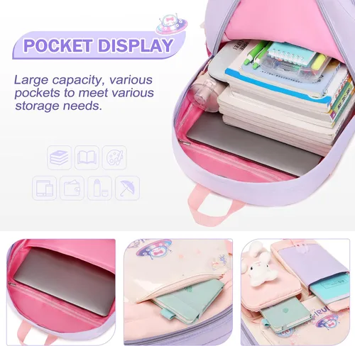 Vista 4 de Juego de mochila para niñas, mochila infantil para niñas, mochila escolar Kawaii Bunny para niña, jardín de infantes, primaria, preescolar, Púrpura
