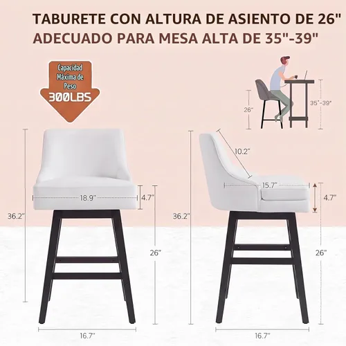 Vista 2 de GYI - Juego de 2 taburetes de bar blancos giratorios de tela de 26 pulgadas con altura de mostrador