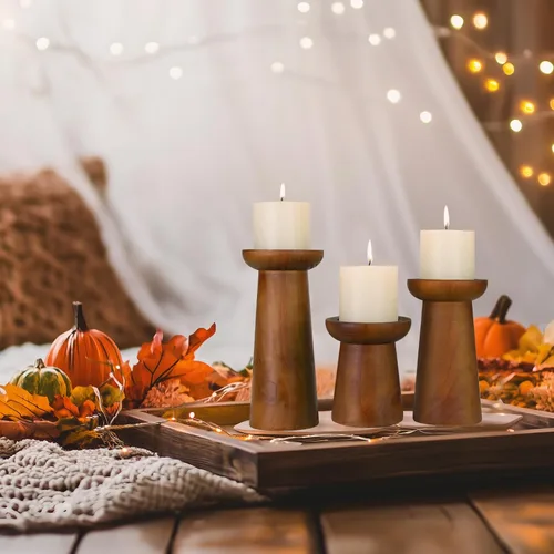 Vista 7 de Juego de 3 portavelas de pilar, portavelas de madera, portavelas decorativos de madera para sala de estar, centro de mesa para bodas, Navidad