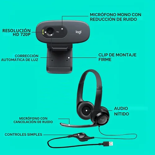 Vista 6 de Logitech Auriculares USB H390 con micrófono de cancelación de ruido y cámara web C270 de escritorio o portátil, pantalla ancha HD 720p