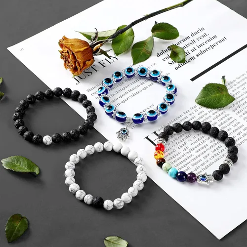 Vista 7 de Juego de 4 pulseras de mal de ojo, pulseras de cuentas Hamsa con dije de chakra, pulsera elástica para mujeres, adolescentes y niñas