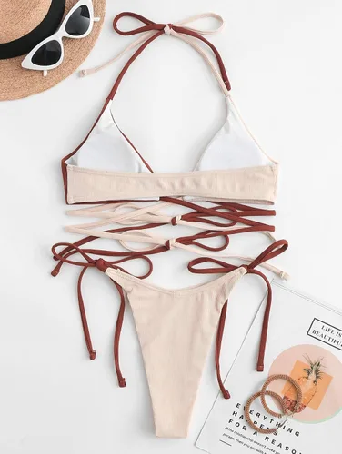 Vista 3 de ZAFUL Conjunto de bikini halter con bloques de color para mujer, traje de baño acanalado con lazo lateral