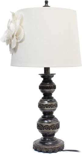 Vista 5 de Elegant Designs LT3097-WHT - Lámpara de bola apilada con pantalla de flores de lino Couture, bronce envejecido