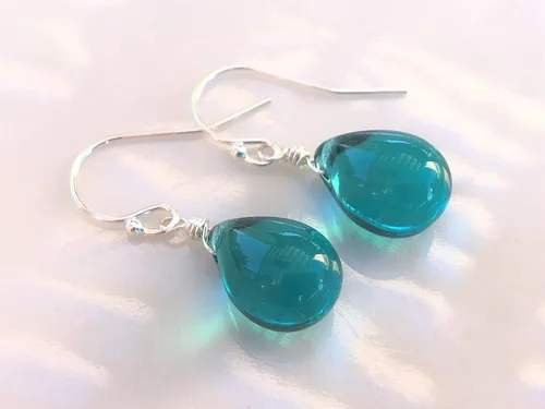 Vista 3 de Teal Green Wire Wrapped Smooth Glass Tear Drop Earrings Sterling Silver, Gifts For Christmas, Birthday, Valentines Day, Women, Her, Mom, Mothers