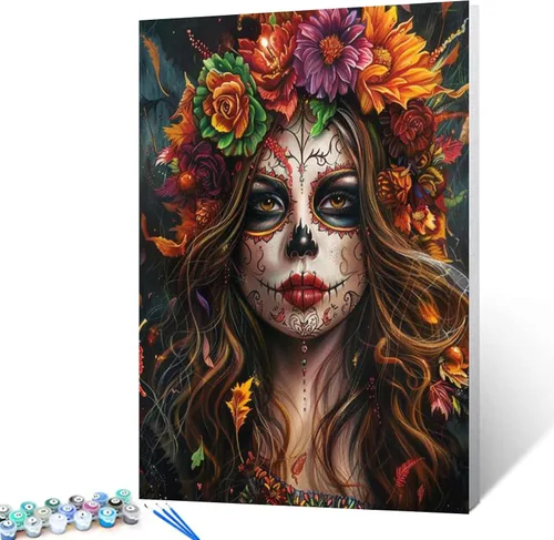 Vista 20 de Pintura por números retrato de niña con sombrero de mago Tucocoo, pintura DIY en lienzo con pinceles, pinturas acrílicas, calabaza de Halloween
