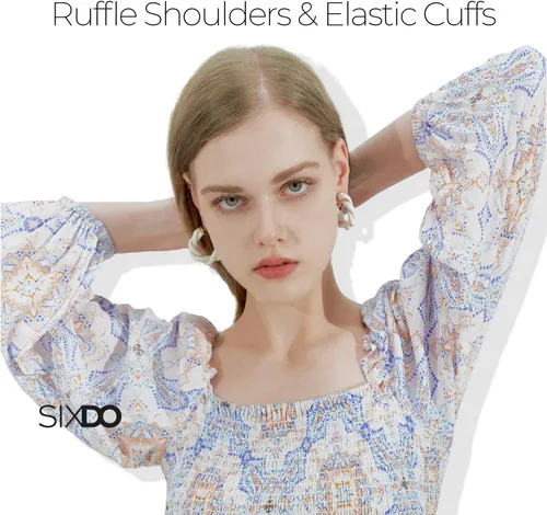 Vista 5 de Womens 2025 Midi Dresses Smocked Long Sleeve Floral Elastic Cuffs Square Neck Casual Beach Work Office Wear