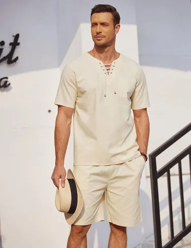 Vista 3 de COOFANDY Conjunto de 2 piezas de lino para hombre, camisa Henley con cordones, manga corta, casual, playa, pantalones cortos hippie, trajes de yoga