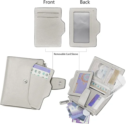 Vista 3 de AINIMOER - Cartera de piel con bloqueo RFID para mujer, tamaño pequeño, compacta, doble zíper, con ventana para identificación