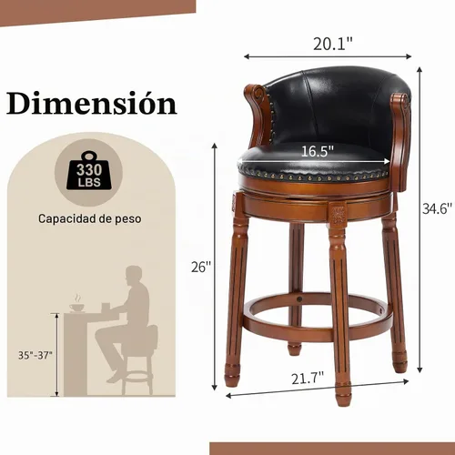 Vista 4 de RAINMOOD Taburete de bar, taburetes de bar giratorios de estilo moderno de mediados de siglo con asiento de cuero y patas de madera, silla