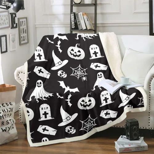 Vista 18 de Erosebridal Manta gótica de murciélagos de Halloween, manta de forro polar blanco y negro de 40 x 50 pulgadas, silueta vintage para niños, sombras