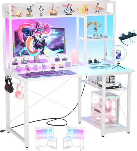 Vista 13 de Cyclysio Escritorio para juegos con gabinete, escritorio para computadora de 39 pulgadas con luces LED y tomas de corriente, escritorio de oficina