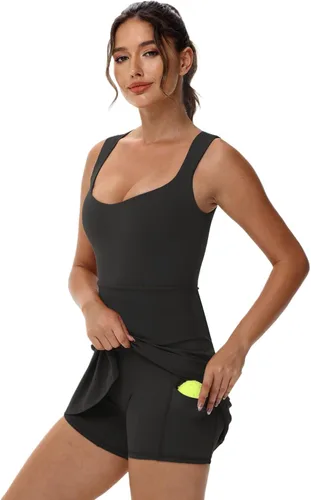 Vista 3 de Wenlia Vestido de tenis para mujer con pantalones cortos integrados, vestidos atléticos para mujer, vestido pantalón de entrenamiento activo