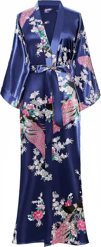 Vista 11 de BABEYOND Bata tipo kimono para mujer, bata larga de satén con estampado de pavo real y flores Verde