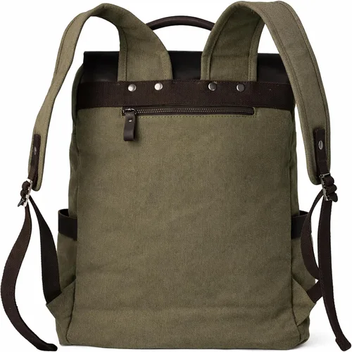Vista 2 de Mochila de lona vintage con cuero de vaca de grano superior, bolsa de trabajo para portátiles de 16 pulgadas, Verde militar, Mochilas de viaje
