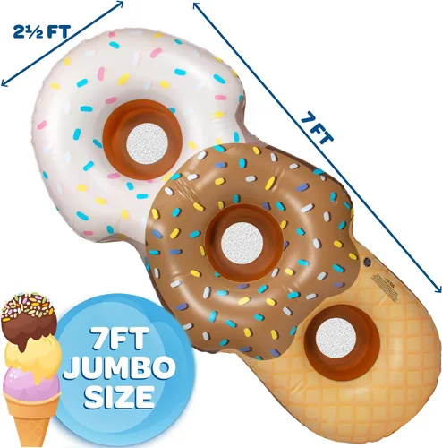Vista 3 de Flotador inflable gigante XL para 3 personas con cono de helado para piscina, casi 7 pies de largo. Asientos de malla, 4 veces más grueso para más