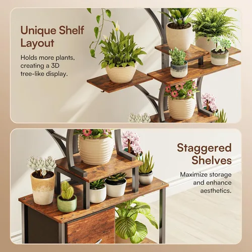 Vista 8 de Soporte para plantas de interior de 63 pulgadas con luces de crecimiento, estante de plantas de 10 niveles con cajón, soportes de esquina