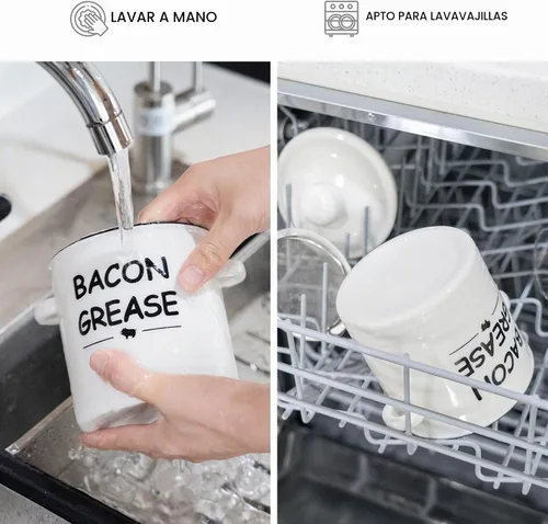 Vista 6 de SOLIGT Recipiente de grasa de tocino de cerámica con colador - 600ml / 20oz Recipiente de grasa de tocino de estilo rústico con asa de agarre fácil