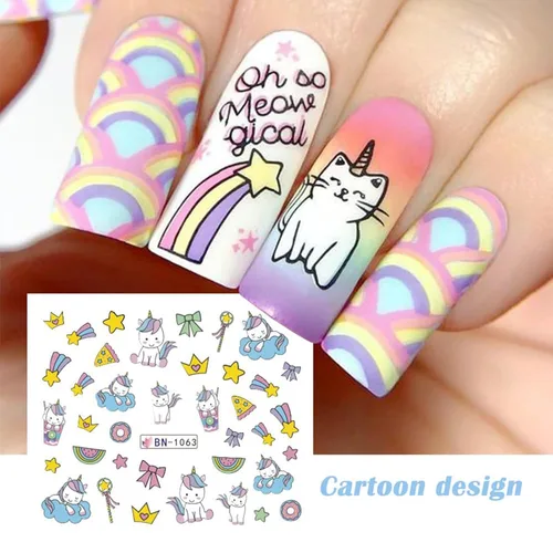 Vista 2 de Calcomanías de uñas de unicornio, calcomanías de transferencia de agua, calcomanías de uñas de corazón, unicornio, arcoíris, dona, diseño de uñas