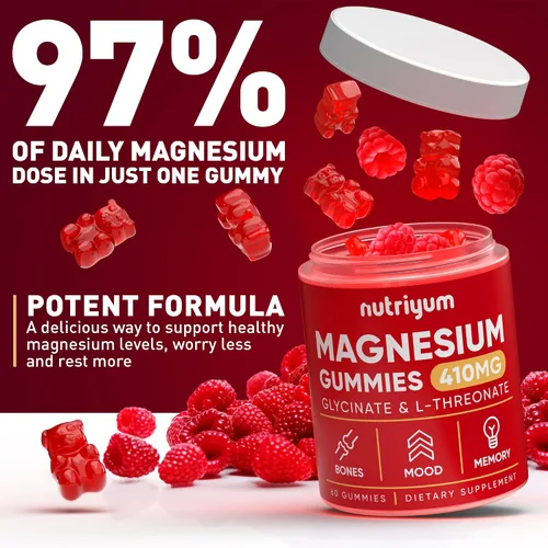 Vista 6 de Gomitas de glicinato de magnesio para adultos y niños – 410 mg de magnesio elemental L-treonato masticables para huesos y apoyo de memoria, estado