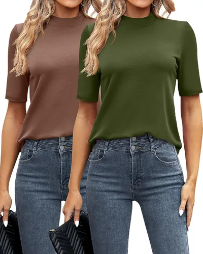 Vista 2 de Ficerd Paquete de 2 camisetas de cuello alto falso para mujer, media manga, casual, para negocios, ajustadas, básicas, elegantes para verano