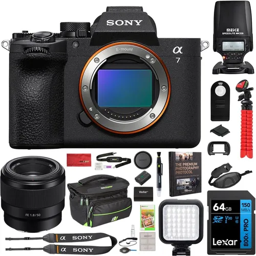 Vista 12 de Sony ILCE-7M5/B a7 V - Cuerpo de cámara sin espejo de marco completo con luz flash MK320, monopie de 72 pulgadas, correa de agarre de muñeca