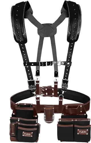 Vista 15 de Cinturón de herramientas de cuero chocolate para hombres con funda de doble martillo, viene con bolsas de herramientas, cinturón no acolchado