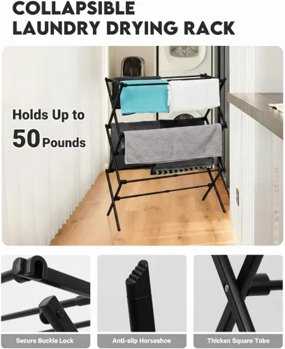 Vista 5 de Estante de Secado de Ropa Plegable de Metal de 3 Niveles, Perchero de Ropa para Secar Percheros Plegables para la Lavandería Para