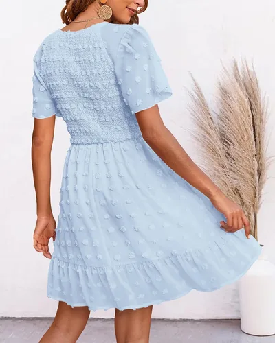Vista 3 de BTFBM - Vestido de vacaciones en la playa para mujer, cuello en V, manga corta, fruncido, plumetí, casual, con volantes,vestidos cortos