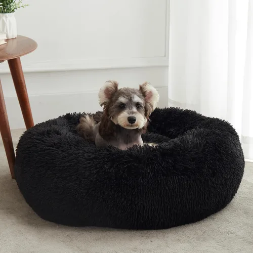 Vista 10 de Cama calmante para perros y gatos, cama antiansiedad, de felpa, con forma de dona, redonda, acolchada, de piel sintética, suave y esponjosa
