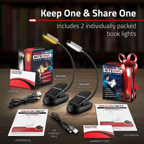 Vista 6 de GearLight Luz de libro recargable para leer en la cama – Lámpara LED con clip manos libres con 3 modos de luz, brillo ajustable, luz de lectura