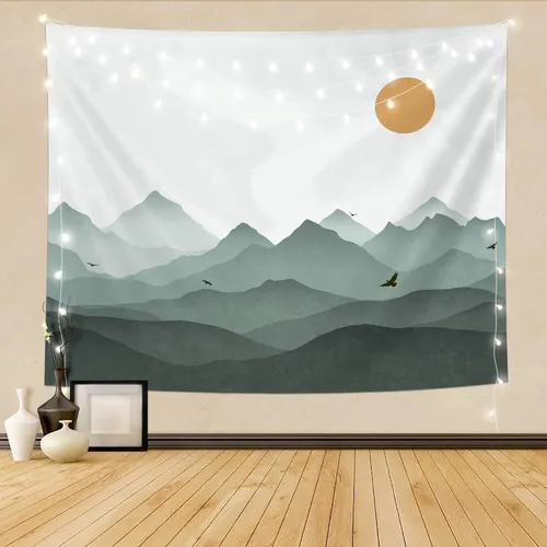 Vista 8 de SUOTEMEIFEI Tapiz bohemio verde salvia con sol de montaña, arte simple, paisaje de puesta de sol, paisaje, abstracto, estético, decoración de pared