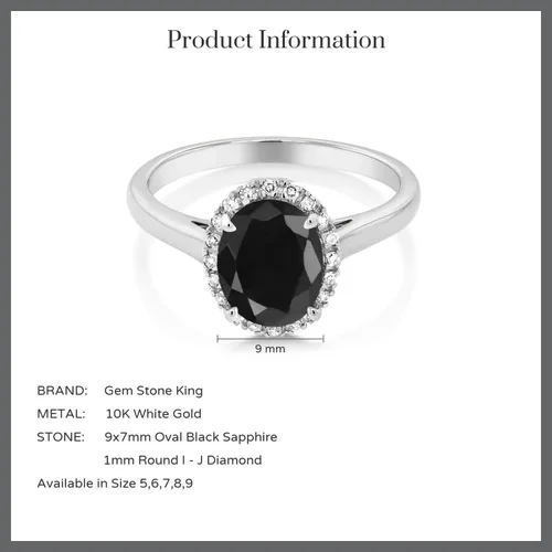 Vista 5 de Gem Stone King Anillo de compromiso de oro blanco de 10 quilates con zafiro negro para mujer