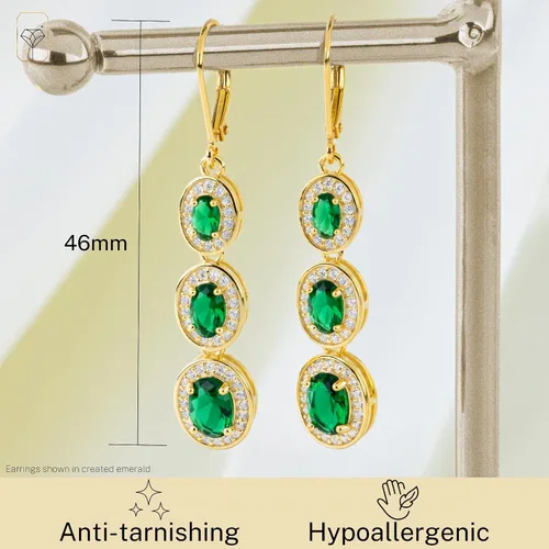 Vista 3 de 925 Sterling Silver with 18k Gold Overlay Oval Dangle Drop Earrings For Women with Simulated Emerald, Ruby, or Sapphire Graduated with Leverback by