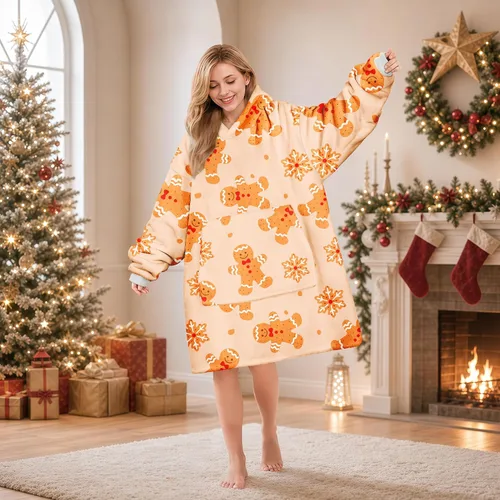 Vista 2 de Manta de Navidad de gran tamaño con capucha, cálida y suave Hombre de pan de jengibre beige