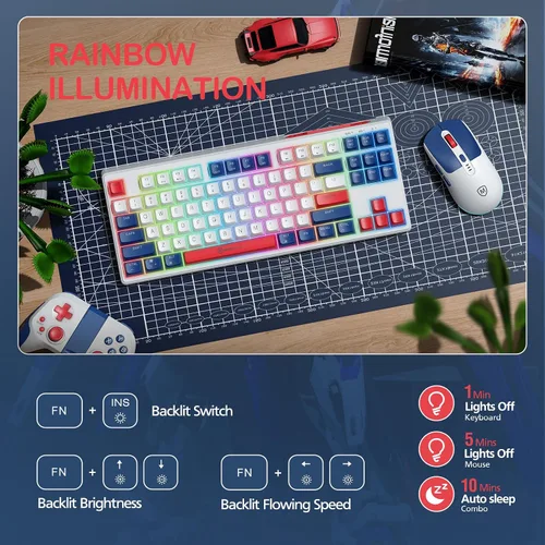 Vista 4 de Combo de teclado y mouse inalámbricos 2.4G, juego de mouse con retroiluminación RGB para Windows, Android y MacOS, teclado estético con dongle USB