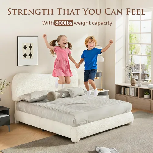 Vista 8 de Kelway - Base de cama tamaño Queen Boucle tapizada con cabecera curvada ajustable, no necesita somier, color beige