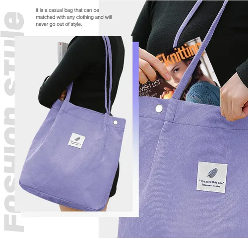 Vista 5 de Bolsas de pana para mujeres y niñas, bolsa de pana de gran capacidad, reutilizable, con bolsillos interiores