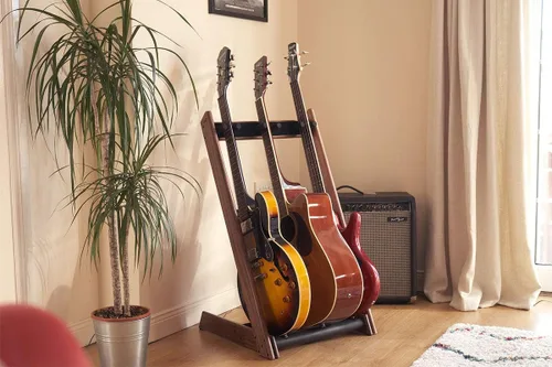 Vista 7 de GR-3 - Soporte y soporte para guitarras y estuches, personalizable de 3 vías, color nogal
